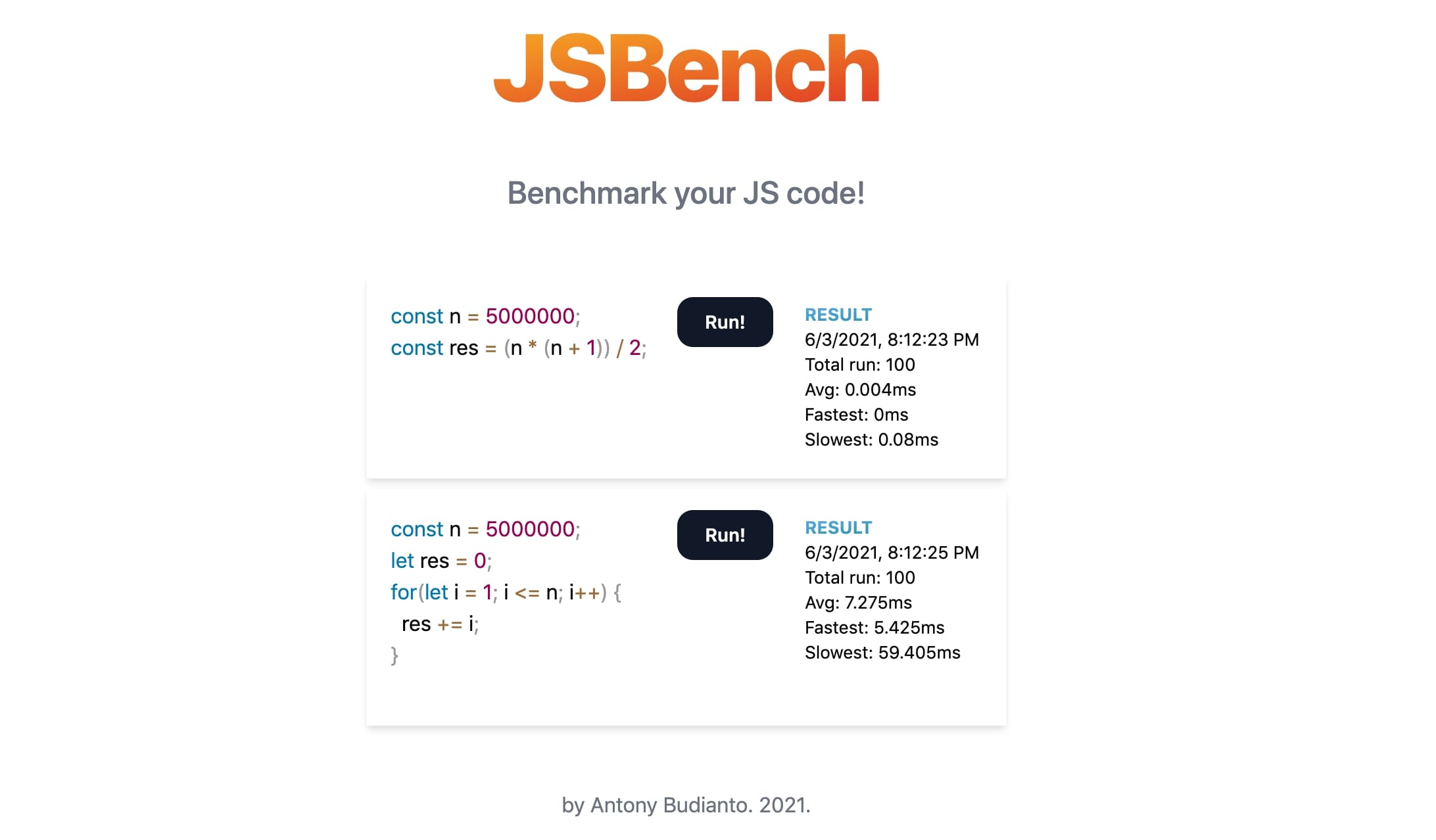 Simple JS Benchmark tool to compare code's performance side-by-side.